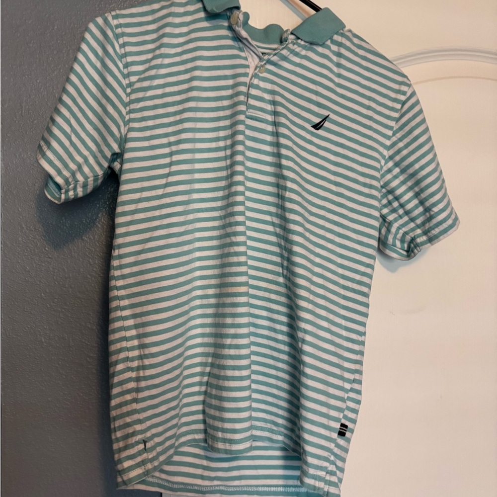 Nautica Men's Polo Shirt - Teal and White Stripes